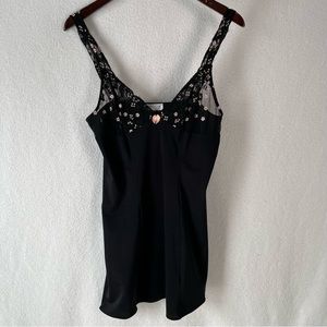 Vintage Teccia French made lacy chemise black with pink flowers and bow